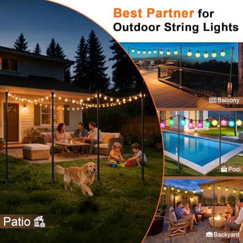 4 Pack String Light Poles for Outside, Upgraded Heavy-Duty Metal Light Poles ...