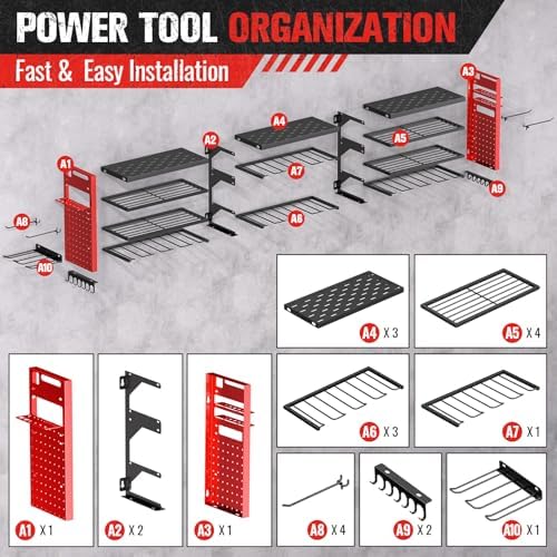 49.8" power tool organizer wall mount,holds 18 cordless, front angle view