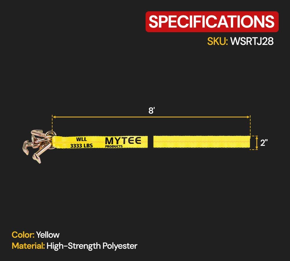 Mytee Products 2" x 8' Recovery Winch Strap with RTJ Cluster Hook - Heavy-Duty 3,333 lbs WLL Towing Tie Down Strap for Tow Trucks, Wreckers & Flatbed Cargo Securement