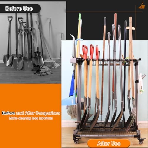 garden tool storage rack with wheels heavy-duty organizer shown in use