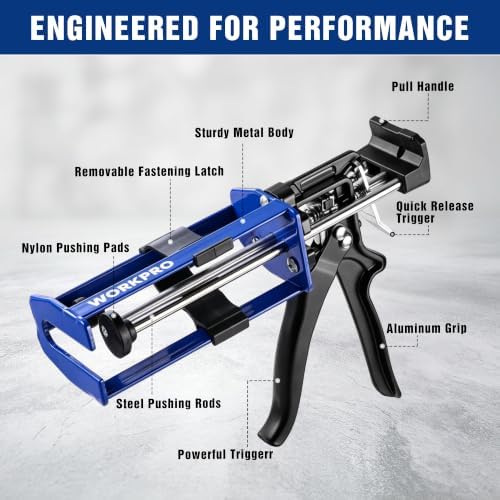 workpro 200ml dual cartridge epoxy gun, heavy duty showing dimensions