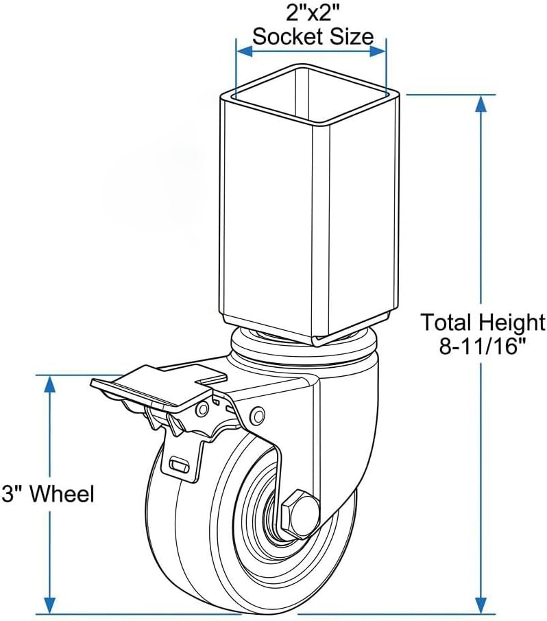qwork 3" pu caster wheels for 2"x2" boltless showing dimensions