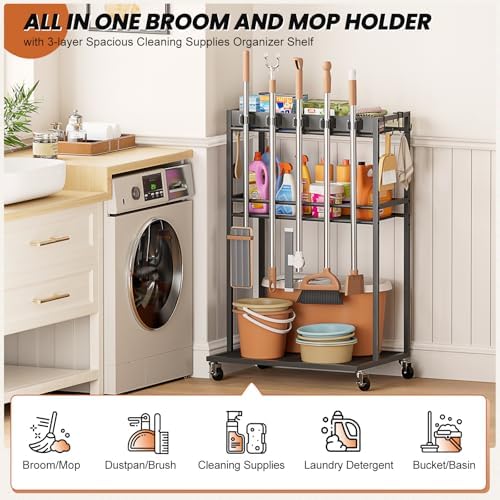 broom holder with cleaning supplies organizer, broom closet shown in use