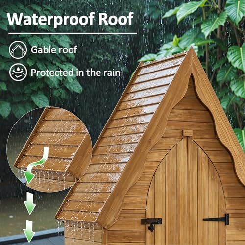 mcombo outdoor storage cabinet, wooden garden tool shed, side view