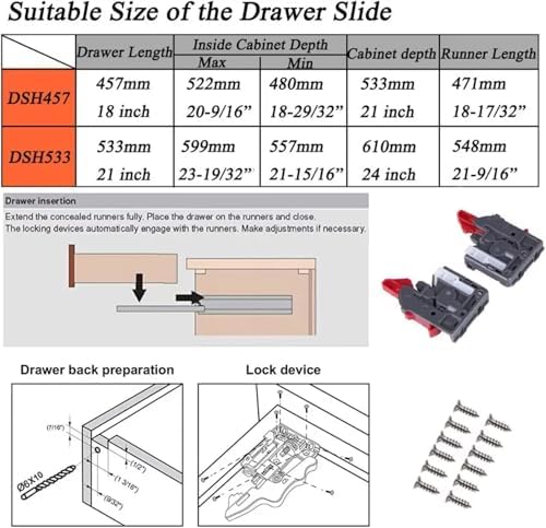 10 pairs 21 inch undermount drawer slides, self, package contents
