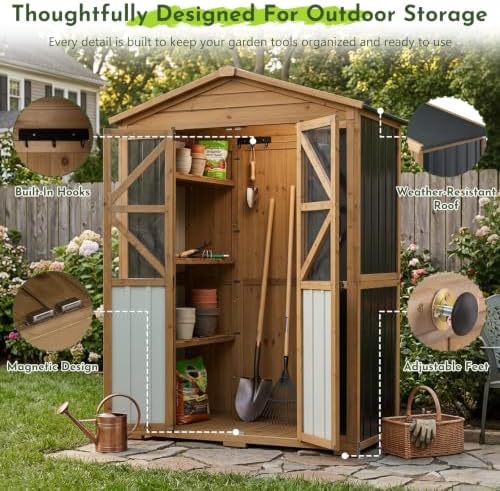 outdoor wooden storage shed cabinet with 6 adjustable, side view