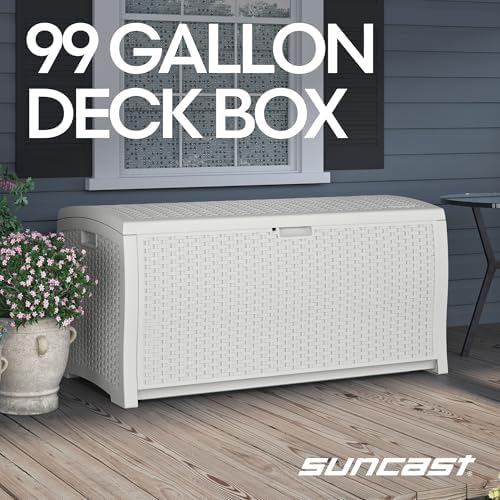 suncast 99 gallon wicker horizontal outdoor deck box, close-up detail