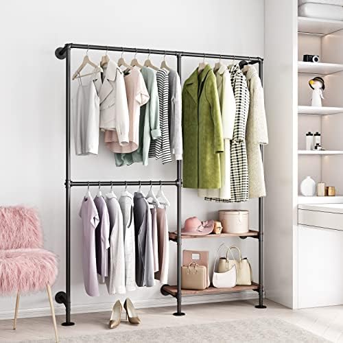 industrial pipe clothes racks with black shelves, industrial shown in use