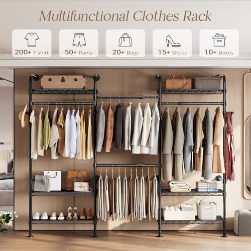 wall mounted closet system, heavy duty 3-row clothes, side view