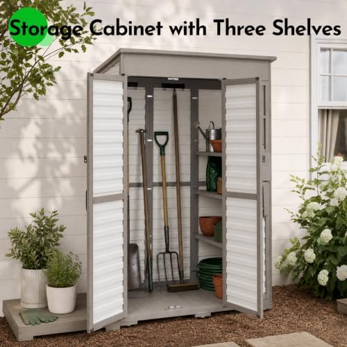 large outdoor storage cabinet with dual-zone shelves, garden showing dimensions