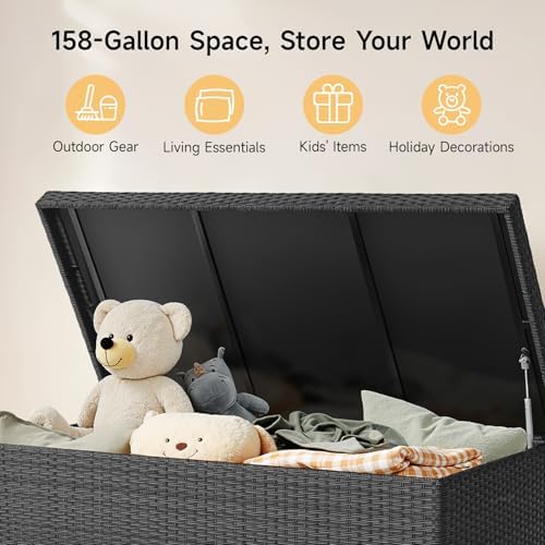 onbrill 158 gallon xl wicker deck box, outdoor showing dimensions