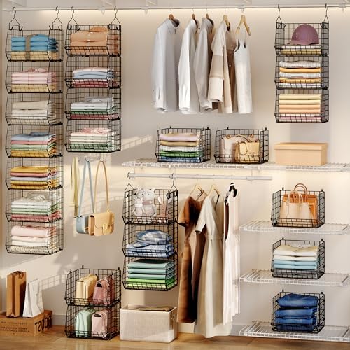 x-cosrack 7 tier foldable hanging closet organizer and shown in use