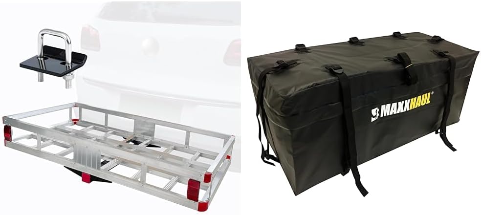 MaxxHaul Aluminum Cargo Carrier with Tightener - 500 lb Capacity 47.25" x 20.25" x 6" Inner Dimensions + Soft Shell Carrier Bag - Water Resistant 47" x 20" x 20"