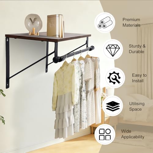 wall mounted shelf with hanging rod, laundry room shown in use