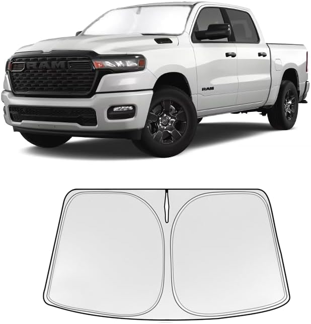 Foldable Sun Shade WODSTA Full Coverage Windshield Sunshade Compatible with Ram 1500 2019-2025 All Model 4-Layer Thickened Windows Visor 240T Polyester Windshield Sun Shade