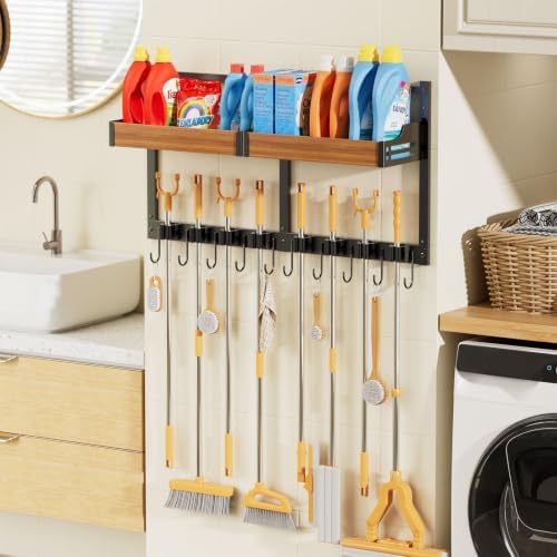 broom holder wall mount, broom and mop organizer on a desk or shelf