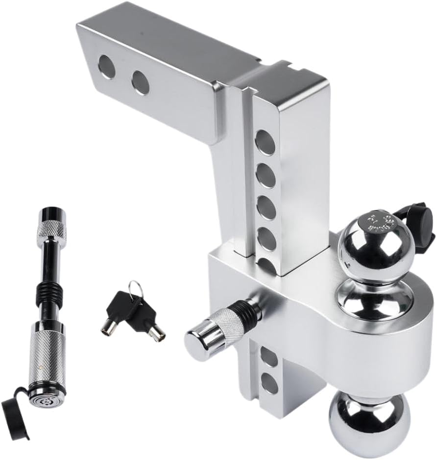 Silver Aluminum Adjustable Trailer Hitch 2 Inch Receiver 8 Inch Drop Solid Tube 12500 LBS GTW