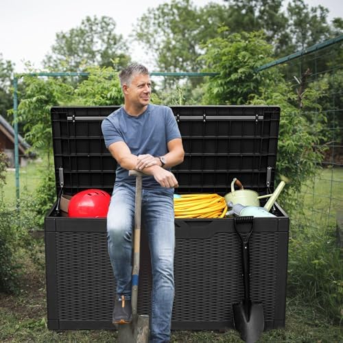 greesum 100 gallon resin deck box large outdoor shown in use