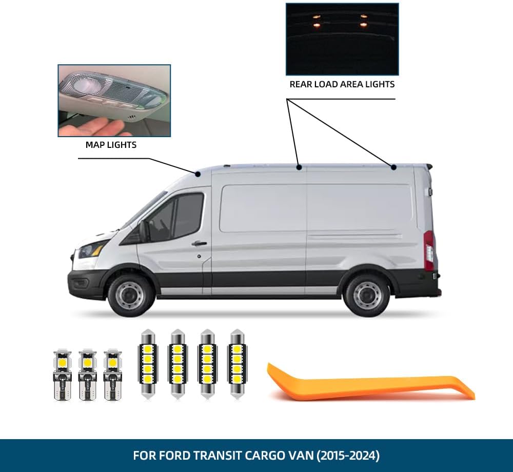 7PCS LED Interior Dome Cargo Light Replacement Kit Led for 2015-2024 F-ord Transit Cargo Van 150 250 350 350HD Map Dome Rear Load Area Luggage Compartment Lights T10 42mm Festoon Bulb Kit Set