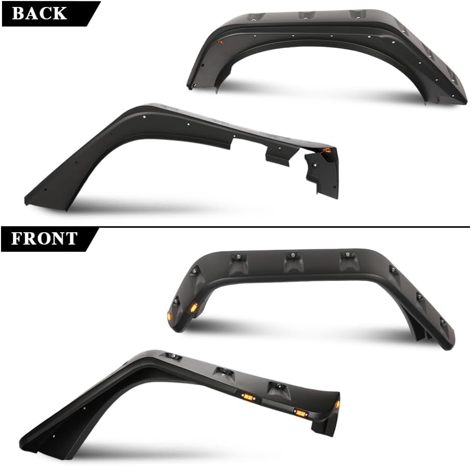 PIT66 Fender Flares Compatible With Jeep JK Wrangler 2007-2018 2/4 door Model, Unlimited, Rubicon Unlimited Smooth Matte Pocket Riveted Style Wheel Flares With LED 4pcs