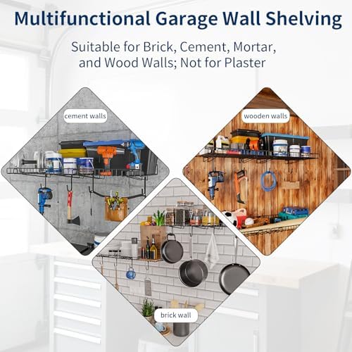 garage wall shelf, wall mounted storage shelves, heavy, front angle view