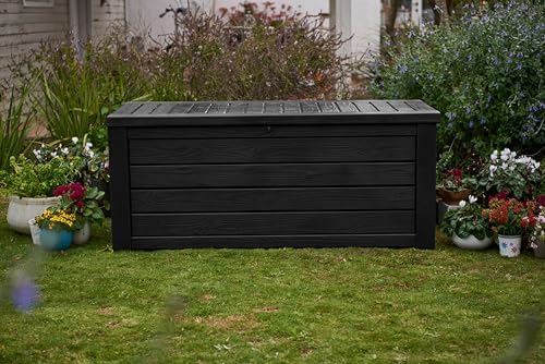 keter westwood outdoor storage deck box, 150 gallon, side view