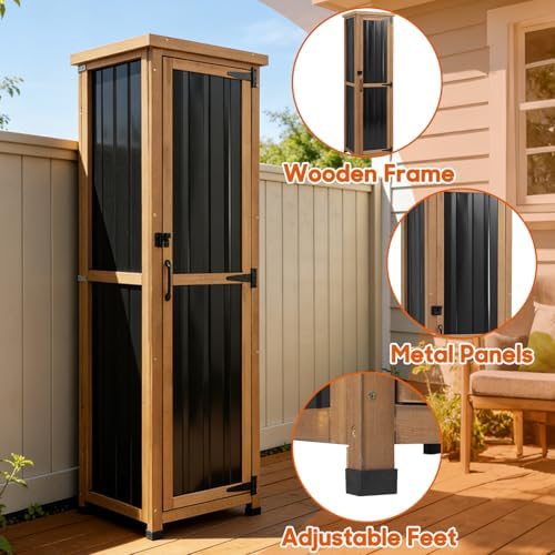 outdoor storage cabinet, wood & metal storage shed shown in use
