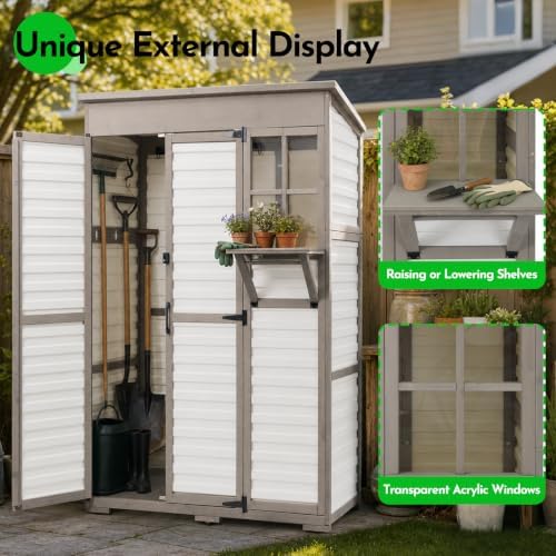 large outdoor storage cabinet with dual-zone shelves, garden shown in use
