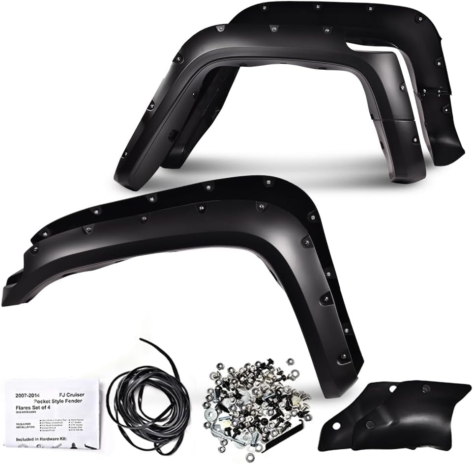 ANDPLAY Fender Flares 4pcs Compatible With Toyota FJ Cruiser 2007 2008 2009 2010 2011 2012 2013 2014, Black Wheel Cover Protector Smooth Pocket Riveted Style