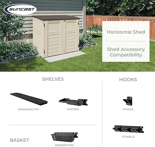 suncast 34 cu ft capacity horizontal outdoor storage, front angle view