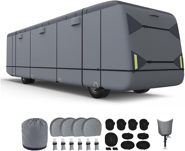 Class A RV Cover for 2014 Tiffin Allegro 34 TGA, Multi Layer Nonwoven Fabric with Secure Fit Strap System, Breathable Air Vents and Zipper Access Panels