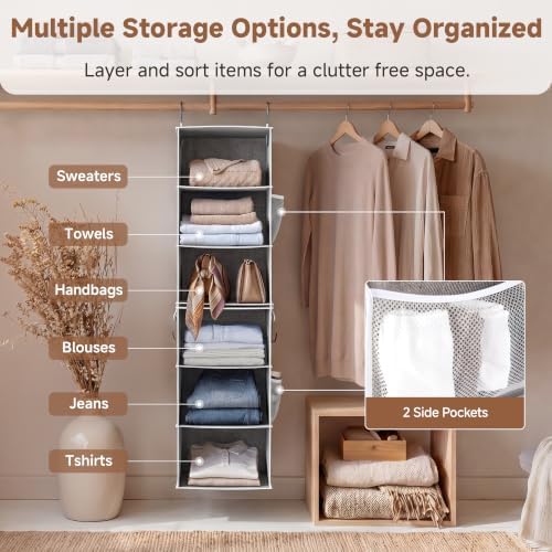 storageworks hanging closet organizer, 6-shelf with 2-in-1 design, front angle view
