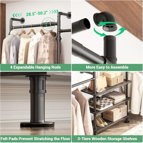 aheaplus expandable industrial pipe clothing rack, 7.3-10.9ft closet, close-up detail