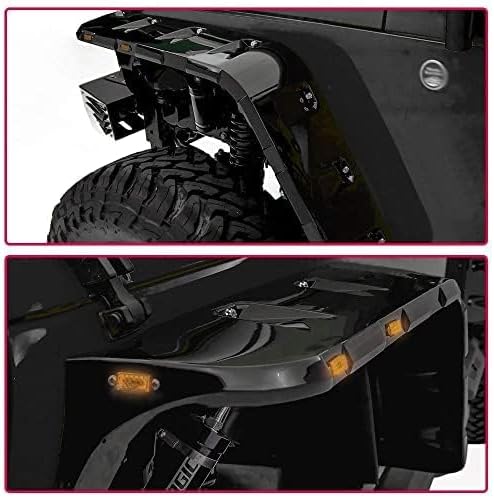 PIT66 Fender Flares Compatible With Jeep JK Wrangler 2007-2018 2/4 door Model, Unlimited, Rubicon Unlimited Smooth Matte Pocket Riveted Style Wheel Flares With LED 4pcs