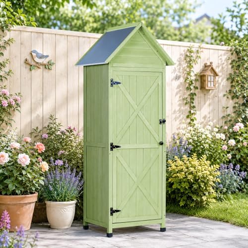 wooden outdoor storage cabinet,tall vertical garden tool shed, view 9