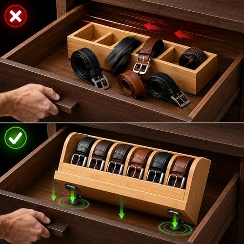 minboo bamboo belt organizer box,6 grids belt rack shown in use