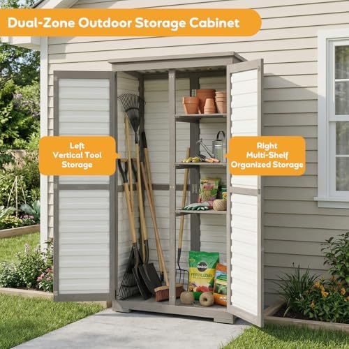 petscosset outdoor storage cabinet with shelves, wood & shown in use