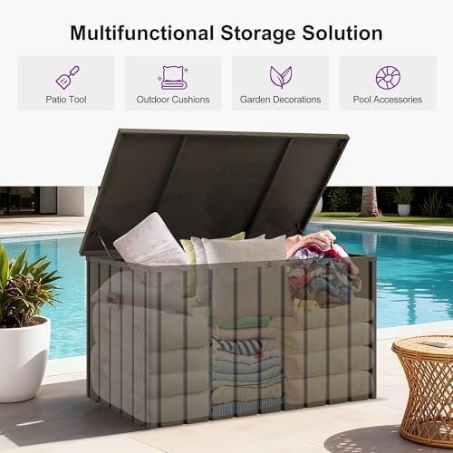 purple leaf outdoor deck box 120 gallon, waterproof, front angle view