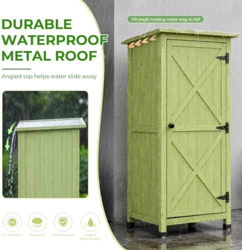 wooden outdoor storage cabinet, vertical garden tool shed showing dimensions