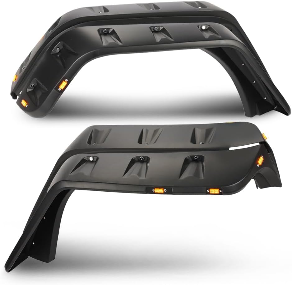 Fender Flares Compatible With Jeep JK Wrangler 2007-2018 2/4 door Model, Unlimited, Rubicon Unlimited Smooth Matte Pocket Riveted Style Wheel Flares With LED 4pcs