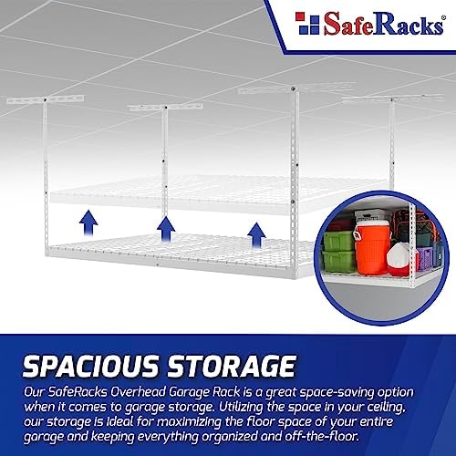 saferacks 3x6 overhead garage storage rack, white, 12"-21" showing dimensions