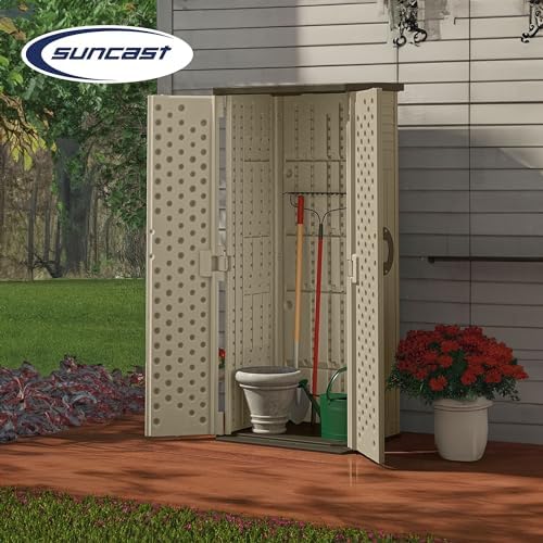 suncast vertical shed, compact outdoor storage system, 22 showing dimensions