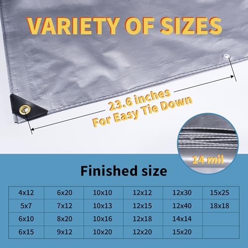 TARPAL 10x16 tarp,Heavy Duty Tarp 14mil Silver Reflective Tarps Waterproof with Grommets and Reinforced Edges UV Protection,Tear Resistant for Firewood,RV,Boat,Roof,Car,Camping