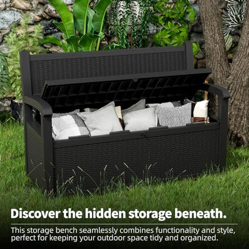 patiozen 80 gallon outdoor storage bench deck box showing dimensions