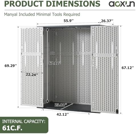 aoxun 61 cu.ft outdoor storage shed, widened outdoor on a desk or shelf