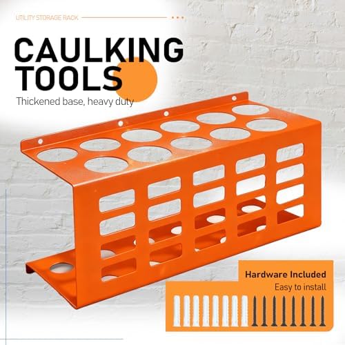 metal wall mount caulking tube holder rack, orange, side view