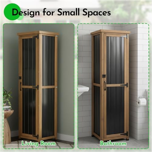 tall outdoor storage cabinet, weatherproof wooden garden potting, close-up detail