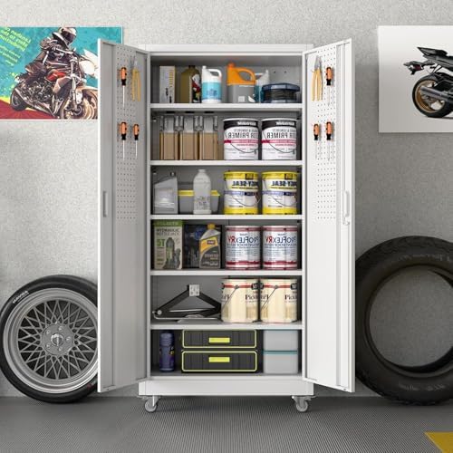 71"h rolling steel cabinet with 5 adjustable shelves shown in use