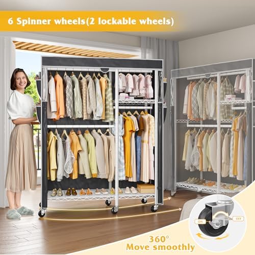 raybee clothes rack with cover, rolling portable closet showing dimensions