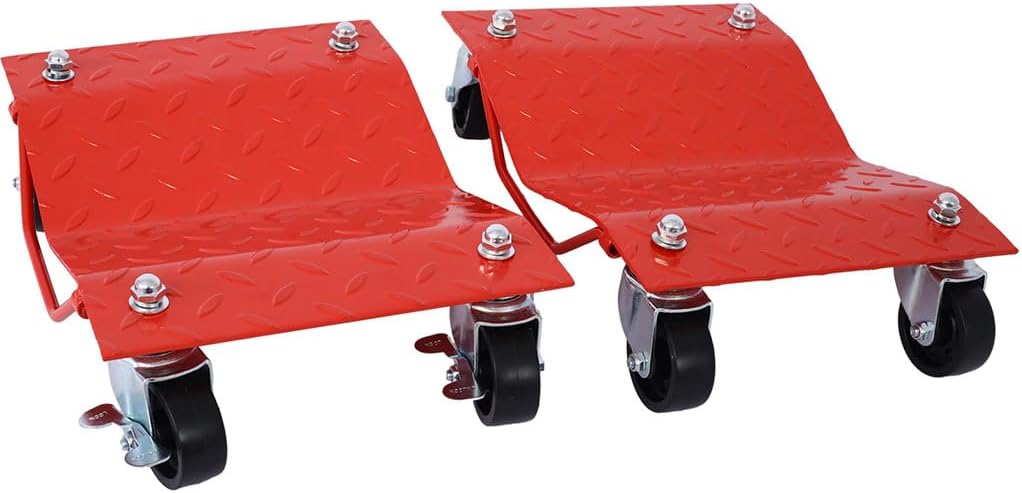 Car Wheel Dolly Set of 4, 6000 LBS Heavy Duty Vehicle Moving Cart with Brakes, Steel Tire Skates with 360° Swivel Casters, Anti-Slip Diamond Plate for Garage Shop Car Truck ATV Moving,Red